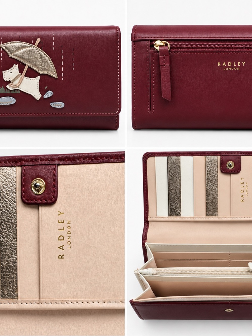 RADLEY LONDON Burgundy Wallet with Gold Umbrella and Cream Dog Scotty - Picture 2 of 8